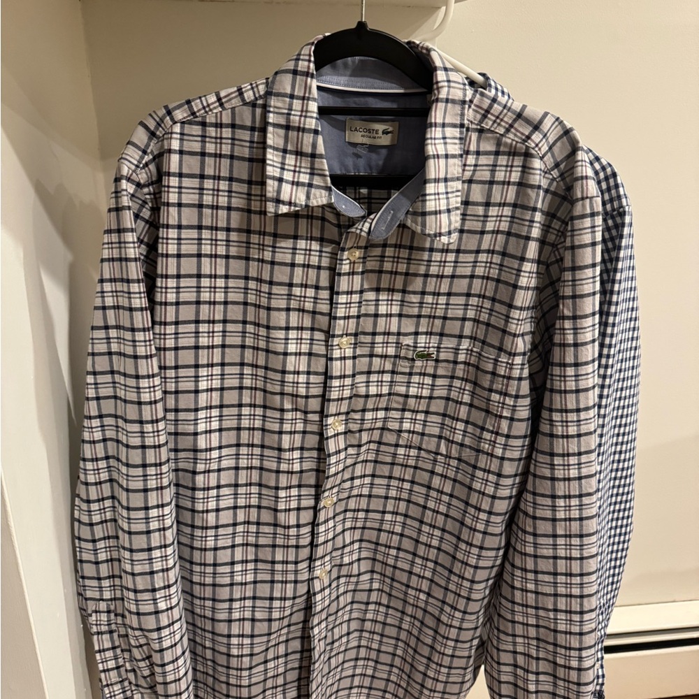 Lacoste Men's Navy and White Checkered Shirt